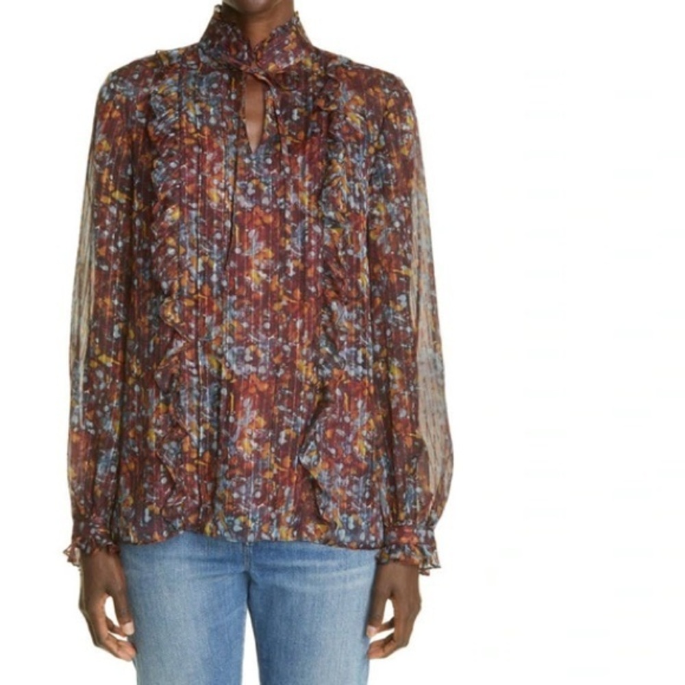 Lafayette 148 Silk Brown Blue Ruffle Long Sleeve Blouse M